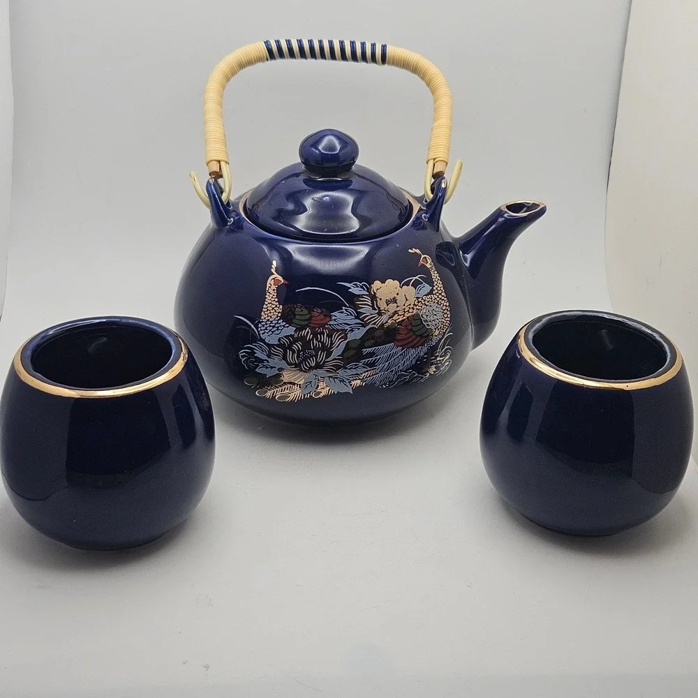 Vintage Cobalt Blue Peacock Tea Set Teapot & 2 Cups Gold Floral